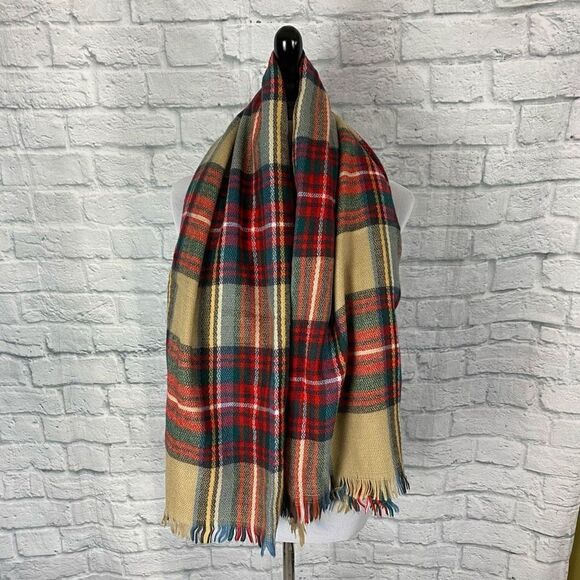 Plaid scarf/wrap with fringe women 53”x52 - Picture 2 of 8